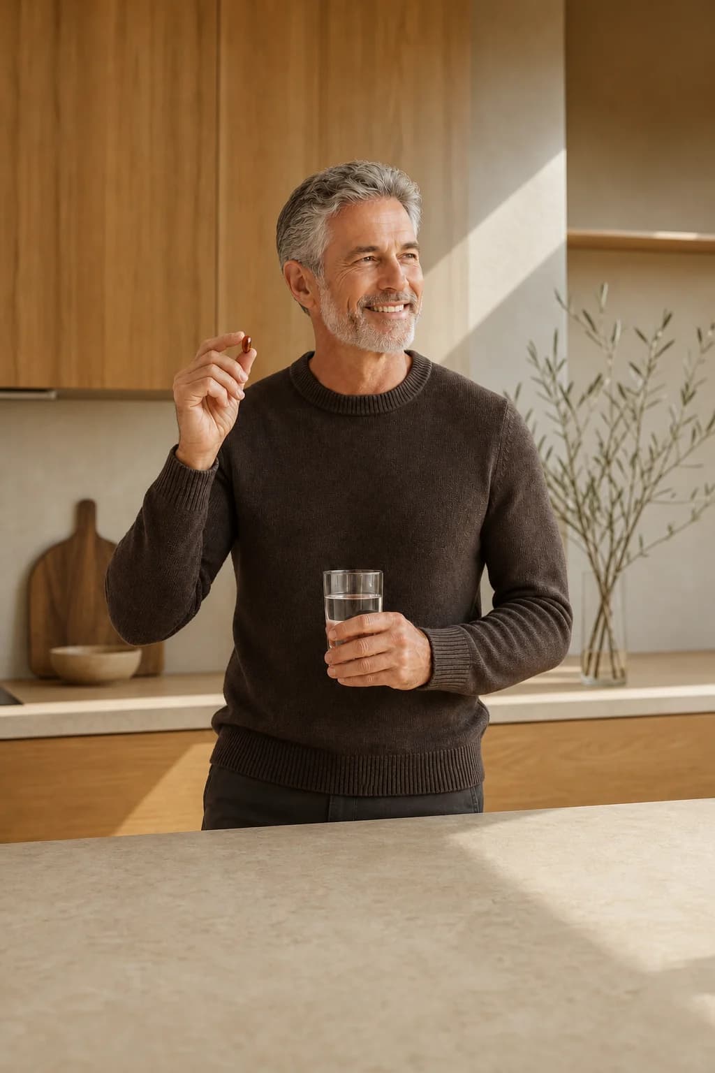 A smiling man with grey hair and a grey beard holding one softgel and a glass of water in a warm kitchen