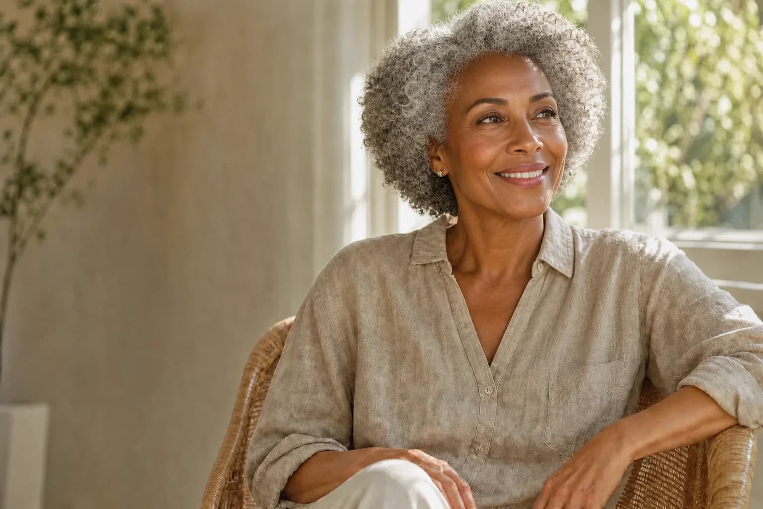 A Black woman with silver hair smiling in a wicker chair by a sunlit window
